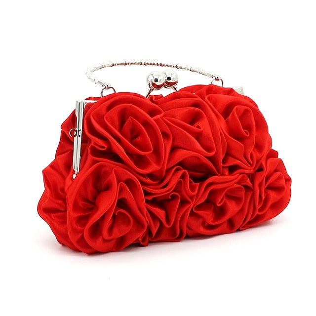 Women's Red Rose Fabric Evening Clutch with Top Handle,