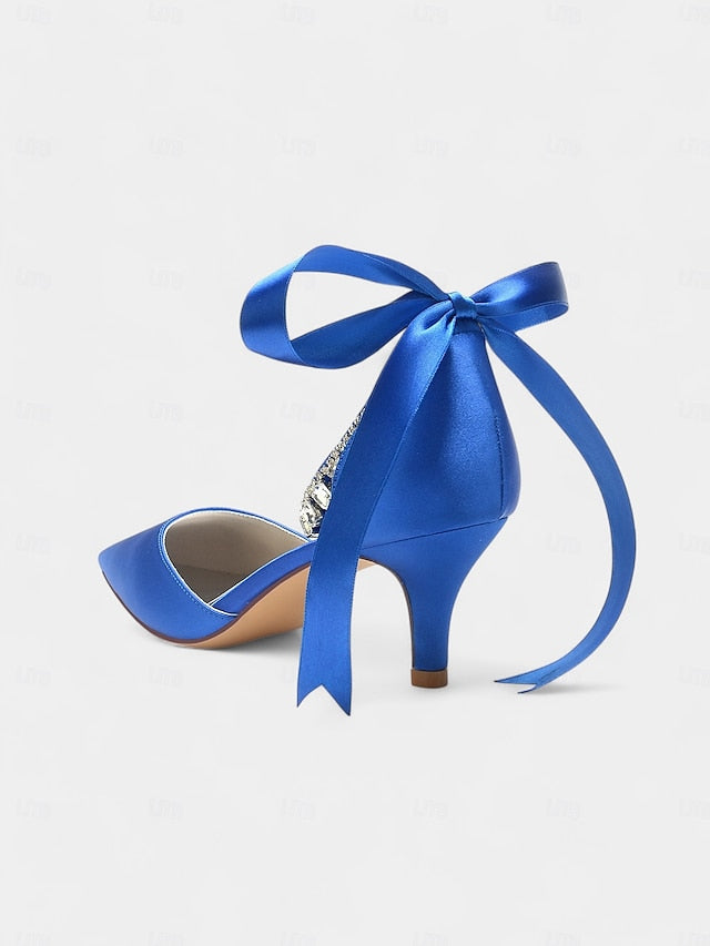 Satin Ankle Strap Blue Heels Pointed-Kitten and with Rhinestone