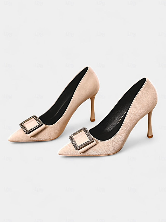 Toe Pointed Buckle Elegant – Women's Champagne Heels