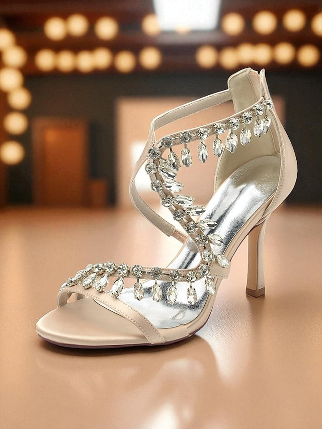 Heel High Women's Sandals White Strappy Rhinestone with