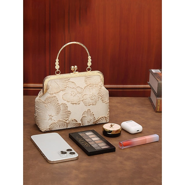Women's Vintage Floral Brocade Pearl Handle Bag, Elegant