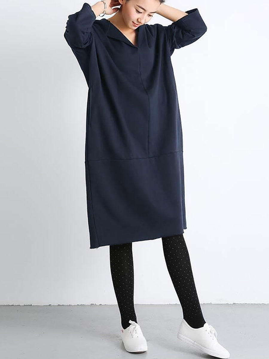 Plus Size Women Casual Pure Color Loose Pocket Hooded Dress AT1074