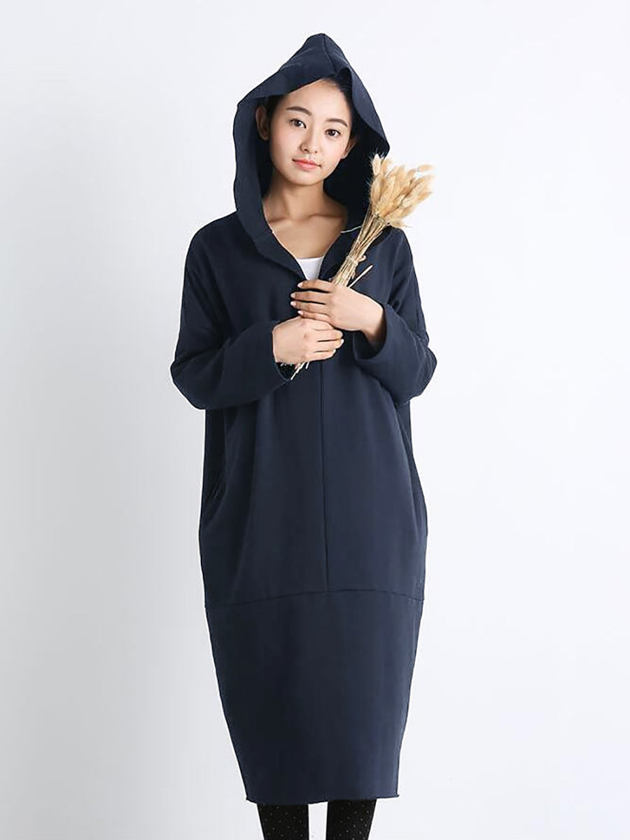 Plus Size Women Casual Pure Color Loose Pocket Hooded Dress AT1074