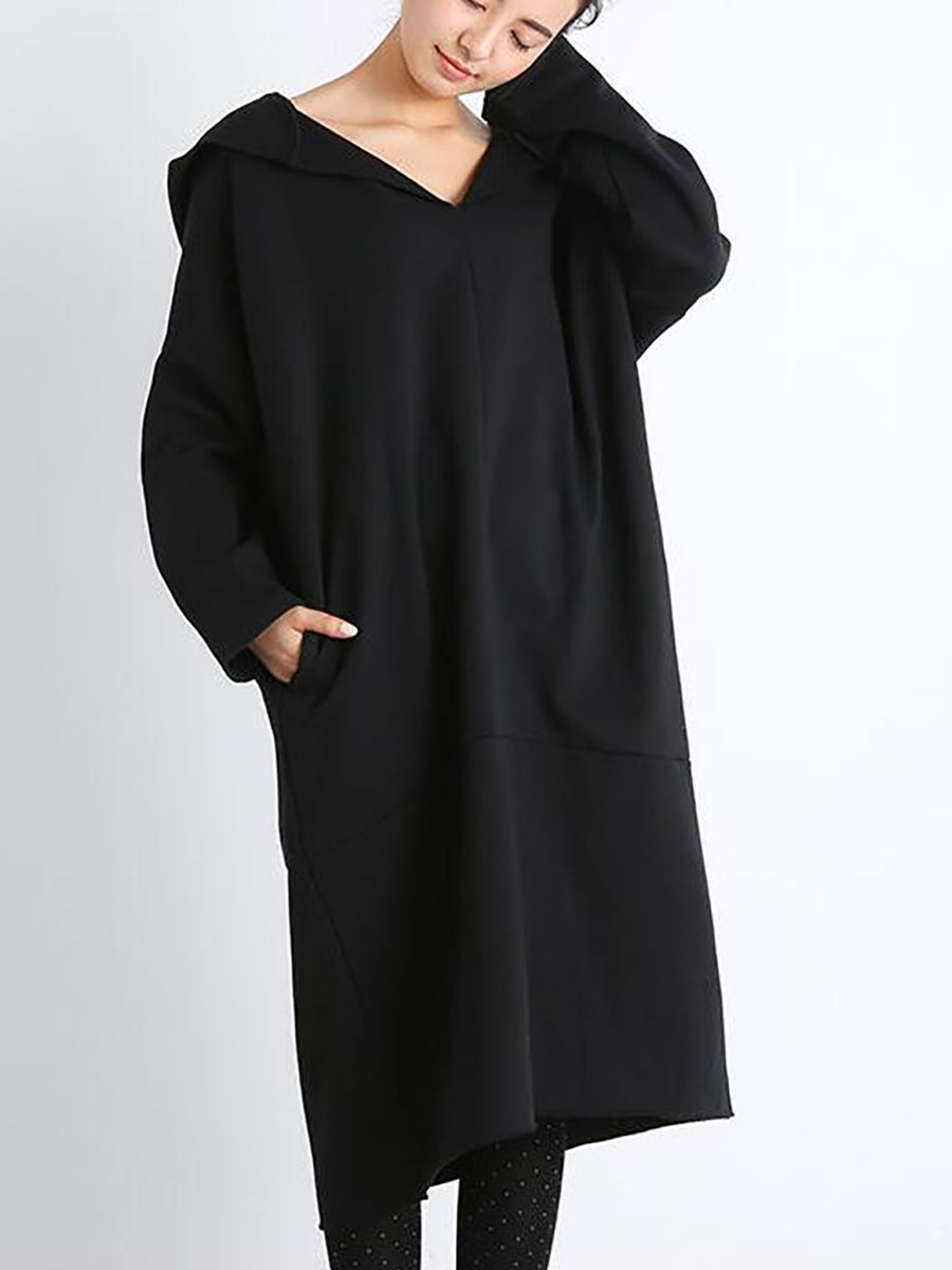 Plus Size Women Casual Pure Color Loose Pocket Hooded Dress AT1074