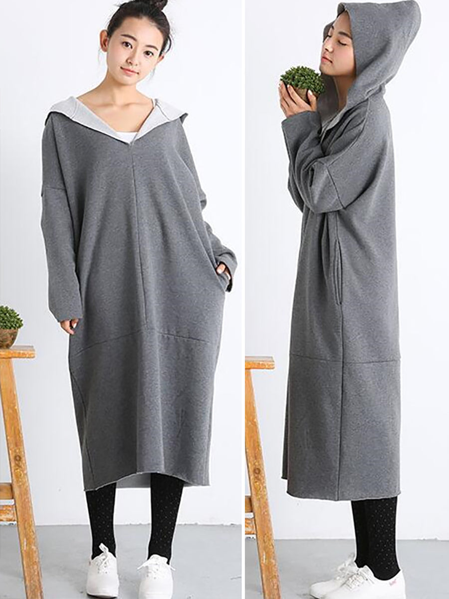 Plus Size Women Casual Pure Color Loose Pocket Hooded Dress AT1074