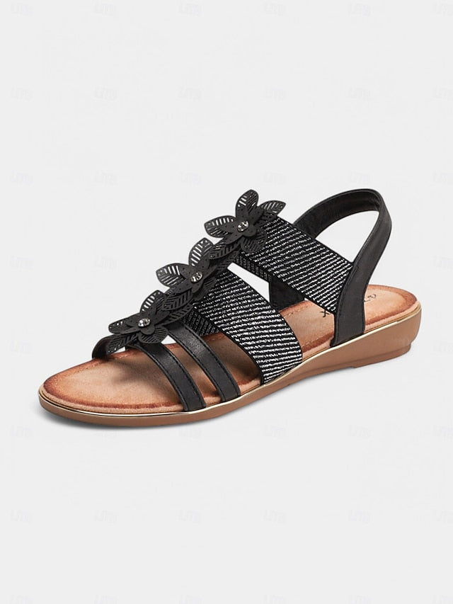 – Floral Sandals Elegant Flat Women's Beige Rhinestone