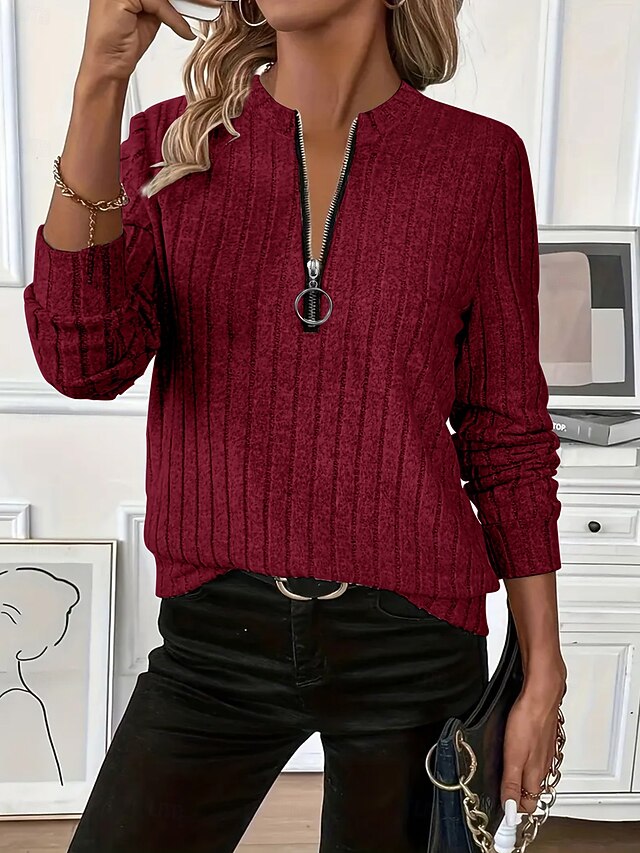 Women's Blouse Zipper Solid Color Stylish Casual Long