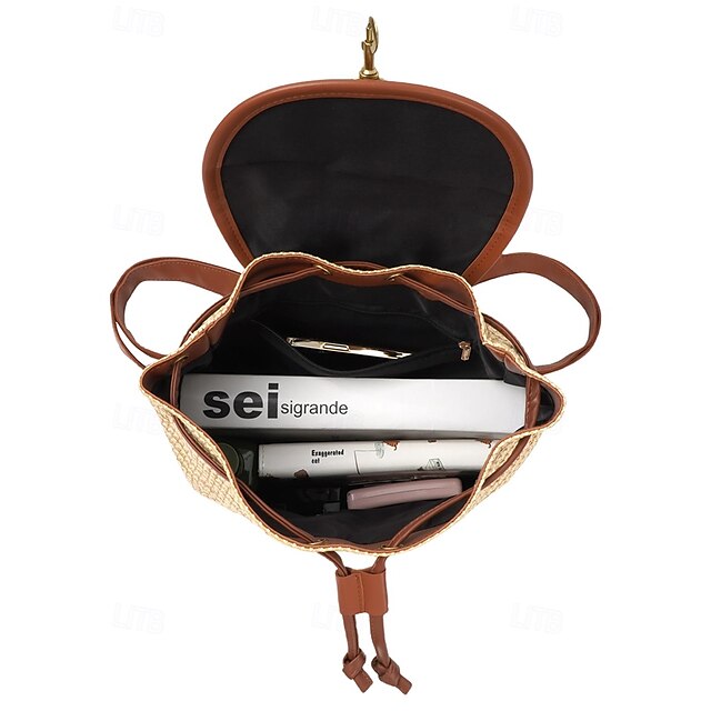 – Women Woven Boho Bag with Rattan for Travel Straw Backpack