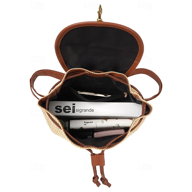 Rattan Backpack Travel Woven with for Bag Boho Women Straw –