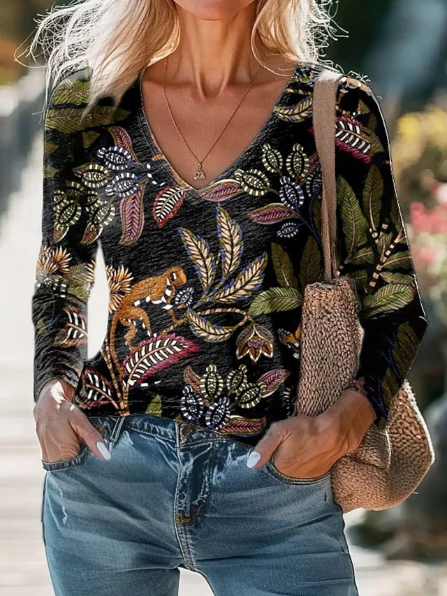 Women's Blouse Print Floral Bohemia Daily Long Sleeve V