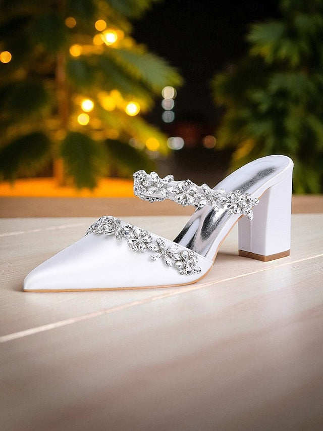 Women's Mules Rhinestone Floral Heel Black Block Satin with