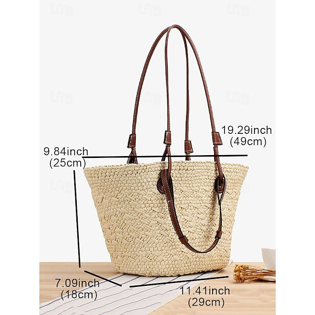 Straw Large Women's Leather Tote Straps Chic Boho with Bag