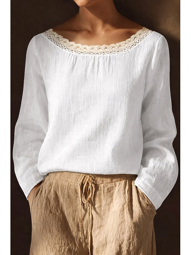 Women's Lace Splicing Top Linen T-Shirt Pleats Solid Color