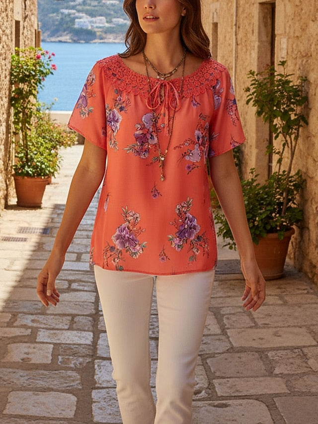 Women's White Elegant Lace Tops Eyelet Blouse Basic Floral
