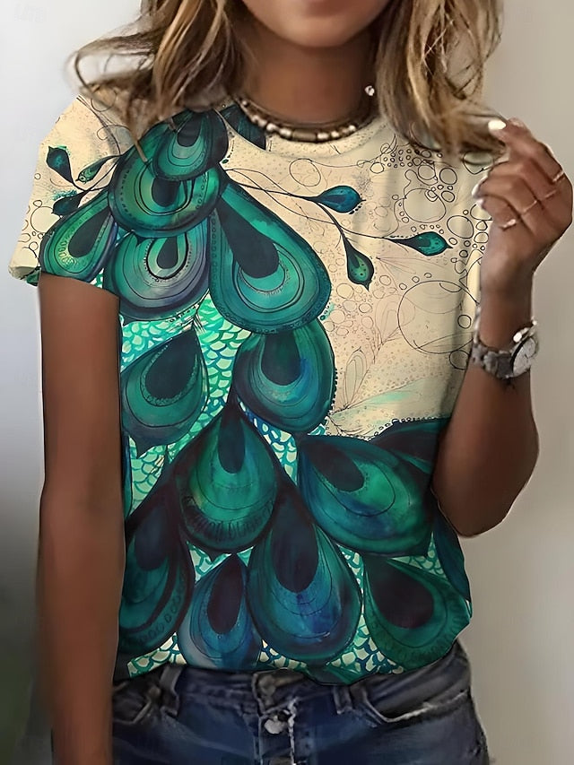 Women's T Shirt Print Ombre Graphic Feather Casual Short