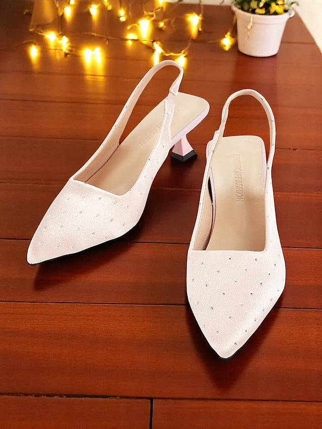 Slingback Studs Kitten Rhinestone Satin Heels Women's with