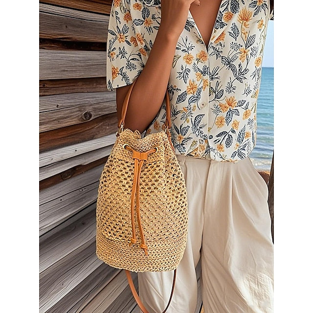 - Drawstring Summer Bucket Bag Woven Women’s Stylish with Tote