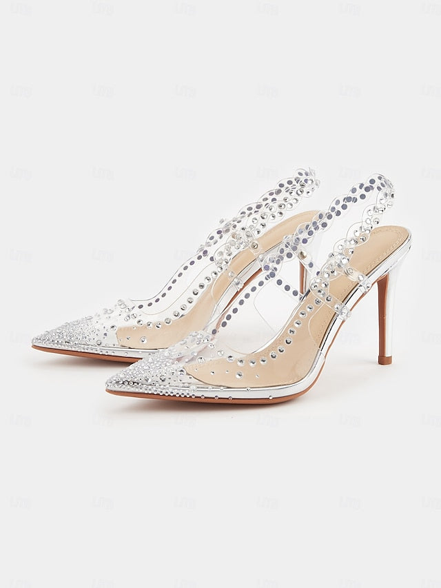 Clear Women's Heels Pointed with Slingback Rhinestone Toe
