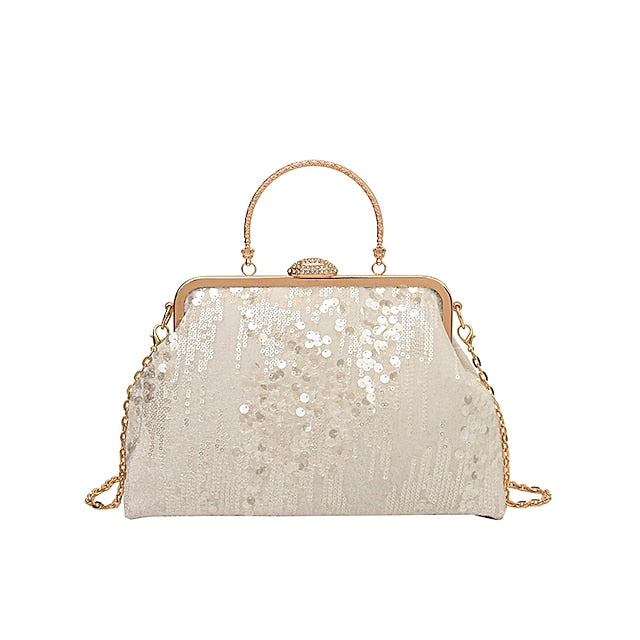 Women's Ivory Sequin Top Handle Clutch with Chain Strap,