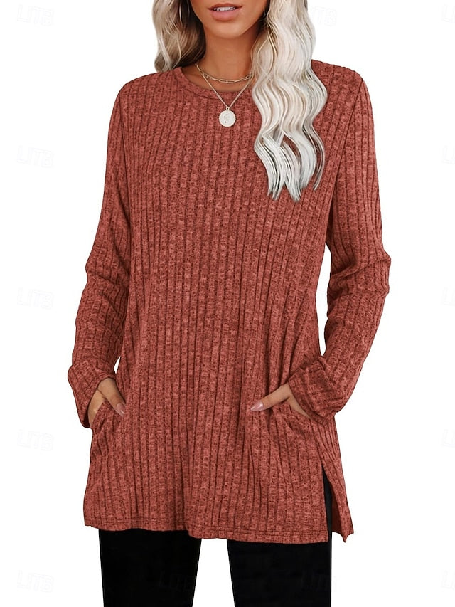 Women's Blouse Long Sleeve Tops Pocket Plain Stylish