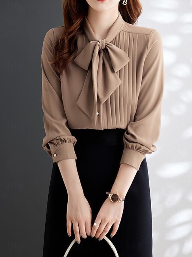 Women's Shirt Blouse Chiffon Tops Pleated Buttons Plain