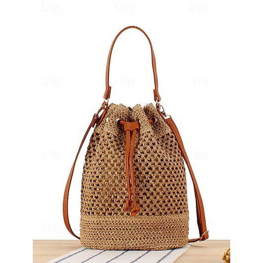 - Drawstring Summer Bucket Bag Woven Women’s Stylish with Tote