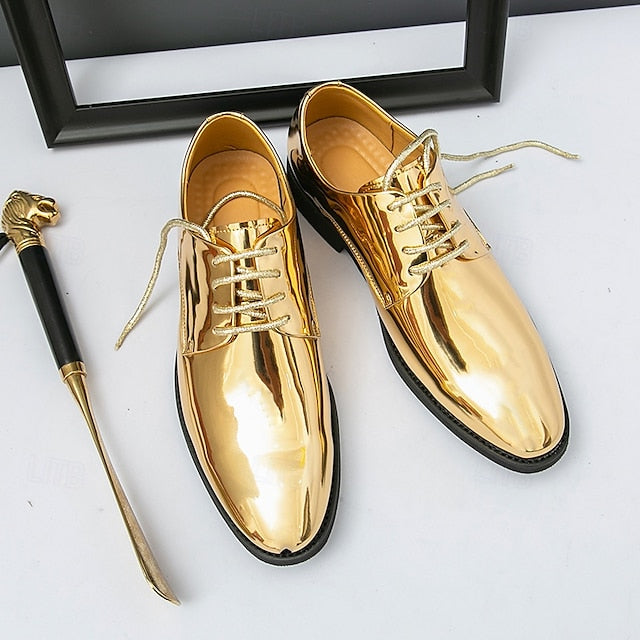 Lace-Up – Men Leather Patent Shiny for Sleek Gold Shoes