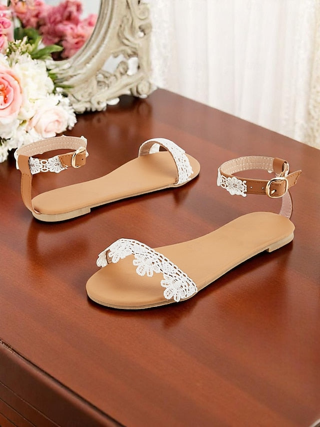 Ankle White Lace with Floral Sandals Women's Strap
