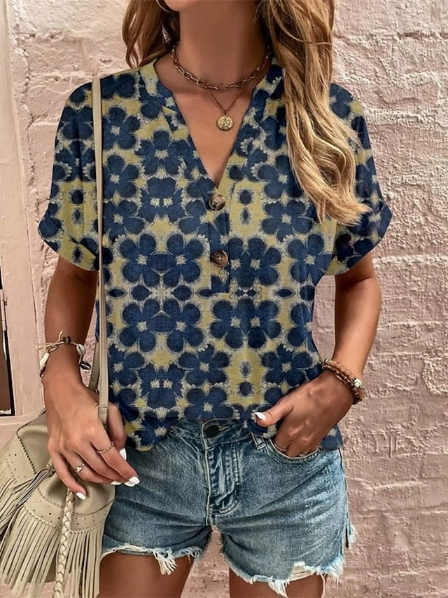 Women's T Shirt Tee Top Buttons Print Floral Graphic
