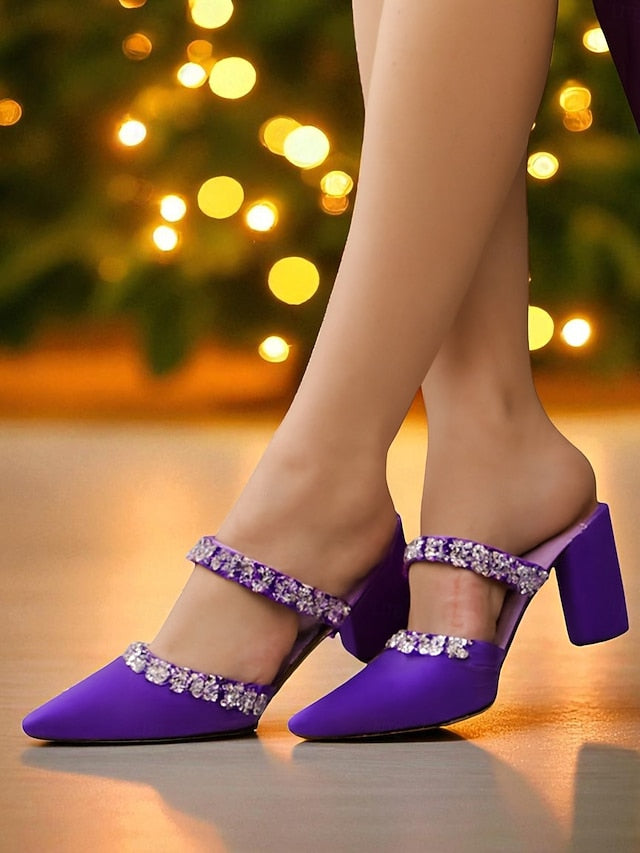 Women's Mules Rhinestone Floral Heel Black Block Satin with