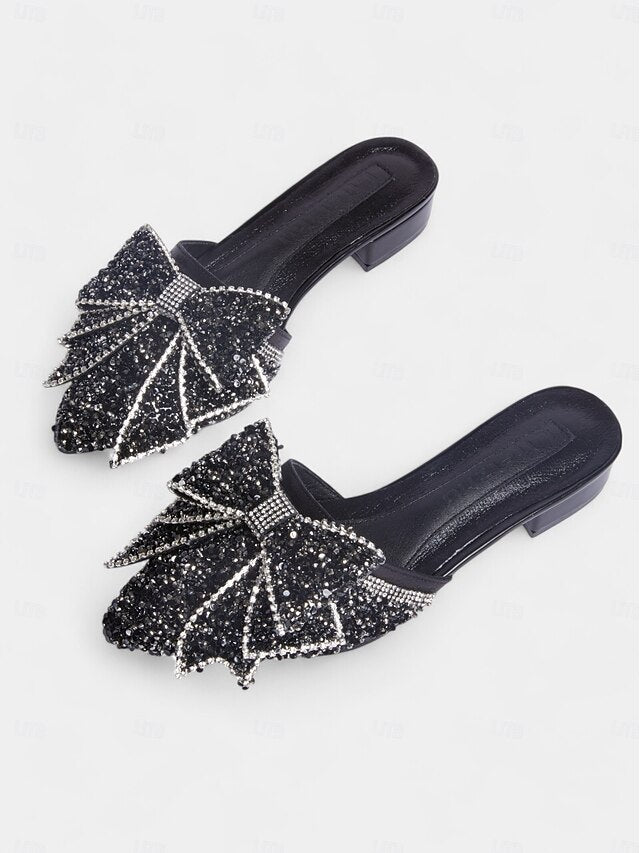 – Rhinestone-Bow Flat for Parties and Black Mules Perfect
