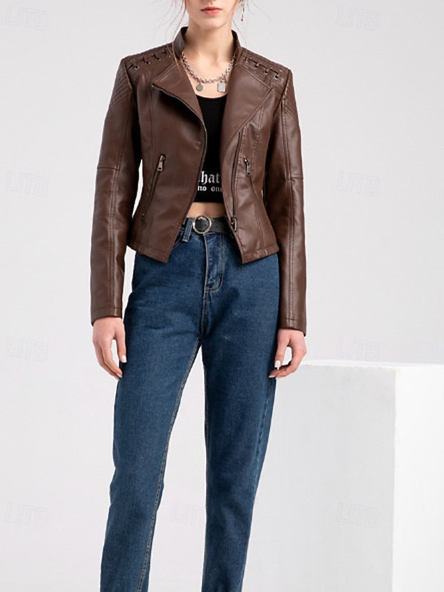 Pocket Jacket Women's Faux Leather Comfortable Zipper