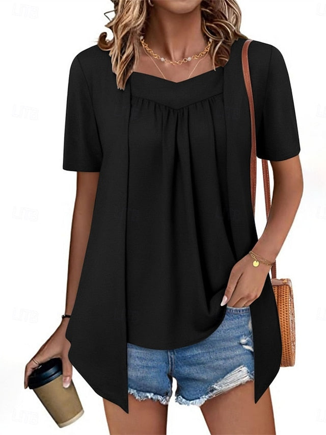 Women's T Shirt Tee Top Ruched Fake two piece Plain Fashion