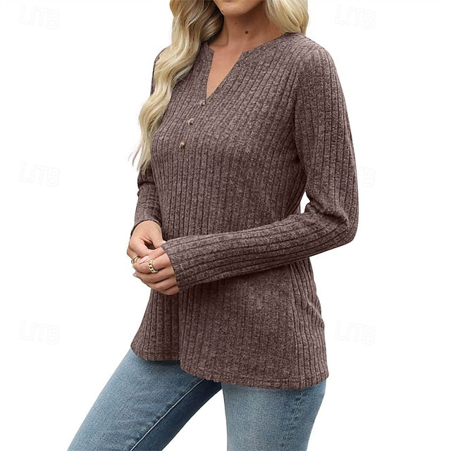 Women's T Shirt Tee Top Buttons Solid Color Stylish Classic