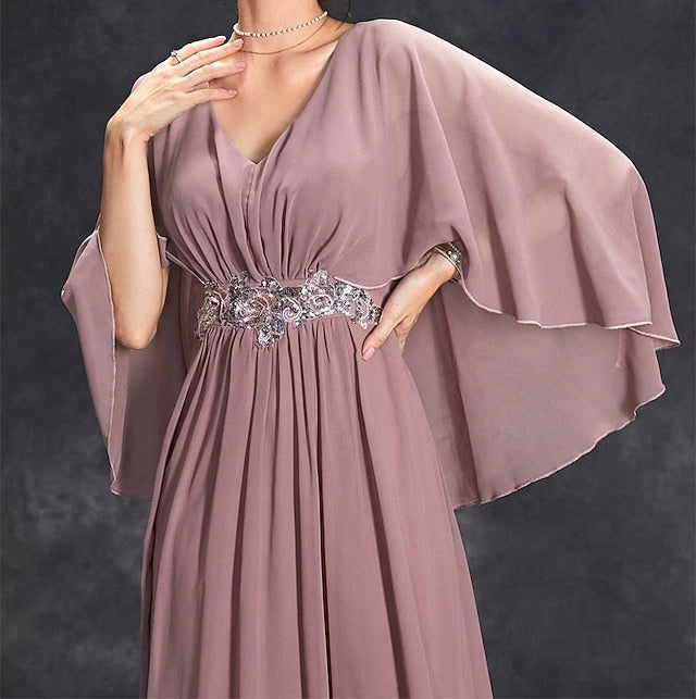 Floor Dress of the V Party Mother Bride Elegant Neck