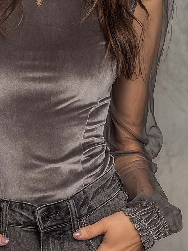 Women's Shirt Velvet Blouse Mesh Plain Vintage Stylish