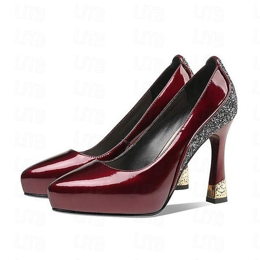 Heels Patent Platform Leather Glitter Women's Burgundy with
