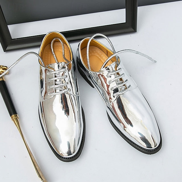 Lace-Up – Men Leather Patent Shiny for Sleek Gold Shoes