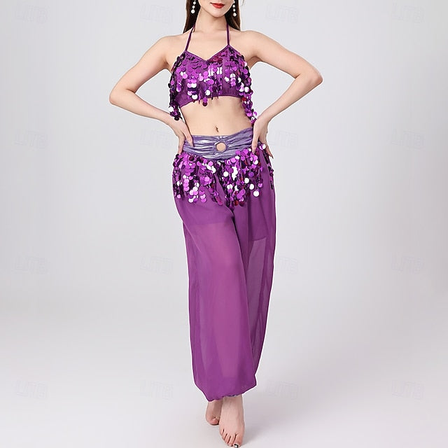 Belly Dance Top Pure Color Splicing Sequins Women's