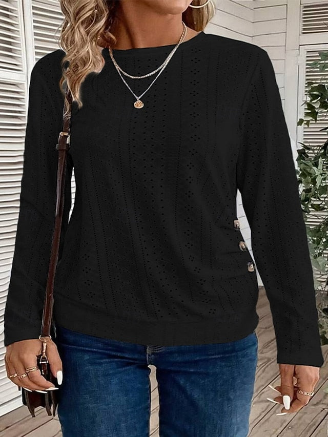 Women's T Shirt Eyelet Plain Fashion Modern Long Sleeve