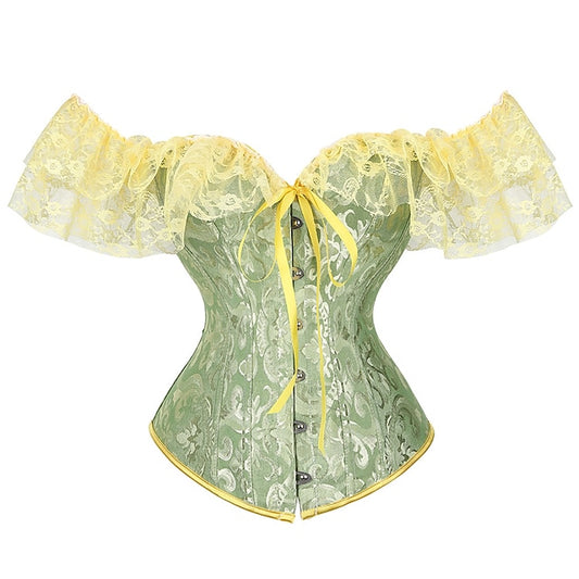 Women Floral Lace Off Shoulder Overbust Corset Bustier Boned