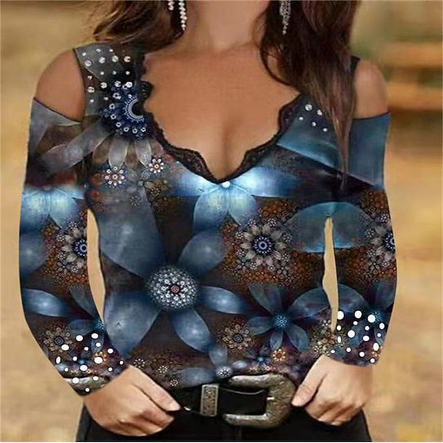 Women's T Shirt Hollow Out Hole Rose Sexy Casual Long