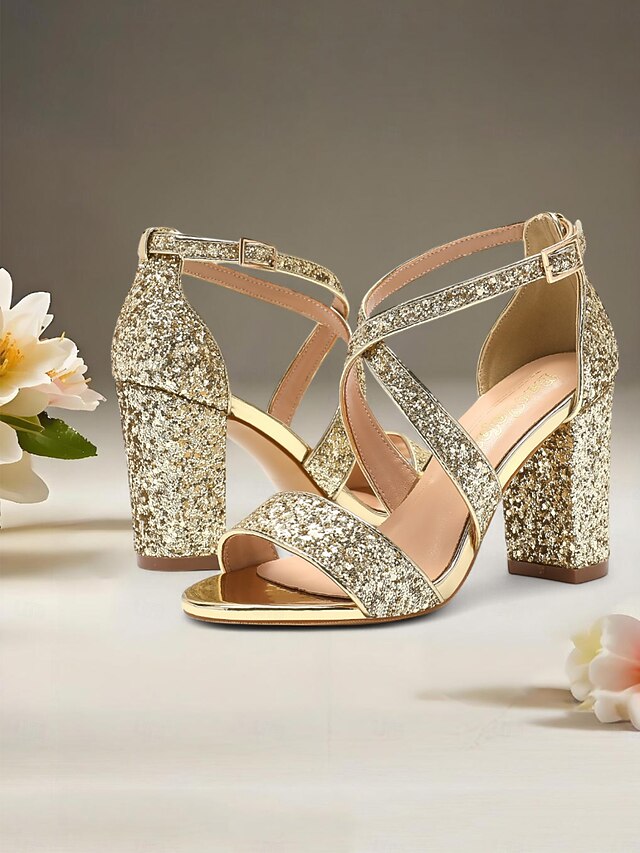 Block Gold Glitter Sandals Women's Heel