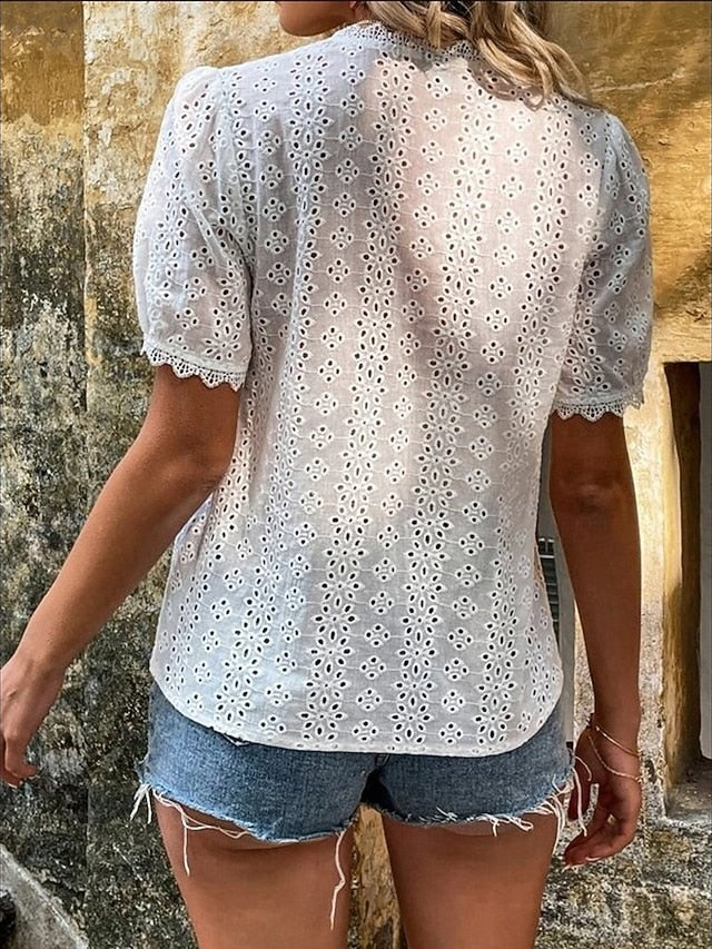 Women's Shirt Blouse Lace Solid Color Stylish Casual Short