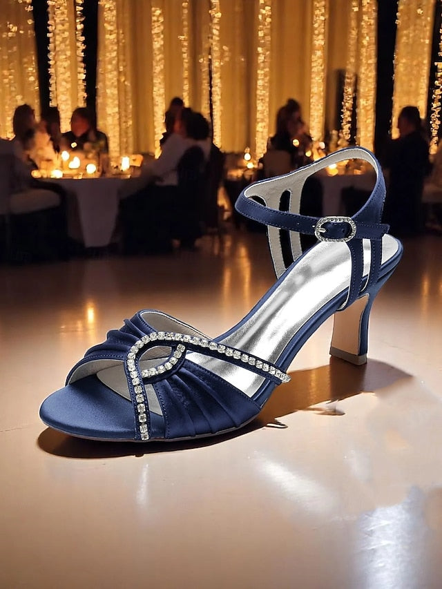 Navy Satin Blue Heeled Sandals Rhinestone – Women's