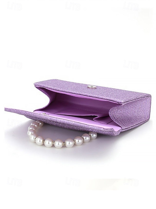 Women's – Purple with Pearl Bag Clutch Handle Glitter