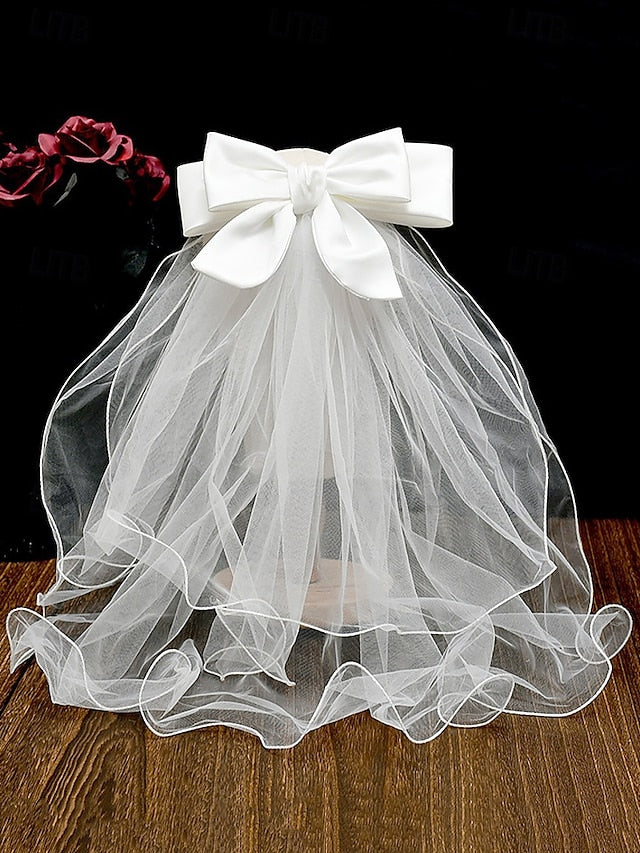 Elegant Satin - Bridal Ivory Ribbon Tulle Veil with and Soft
