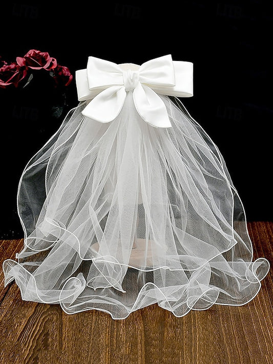 Elegant Satin - Bridal Ivory Ribbon Tulle Veil with and Soft