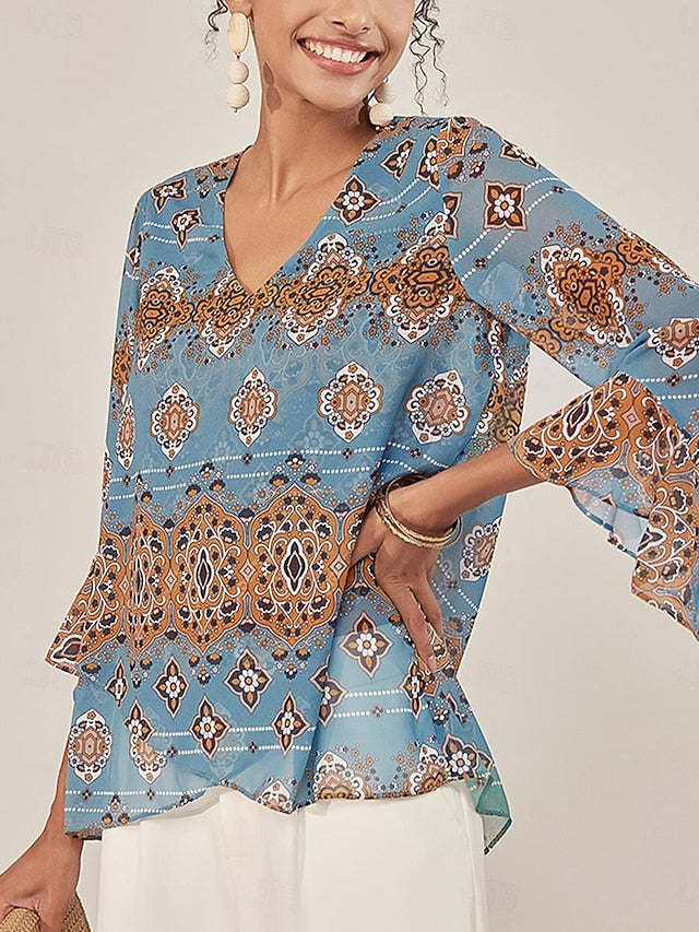 Women's Paisley Print Chiffon Peasant Top Lantern Sleeve