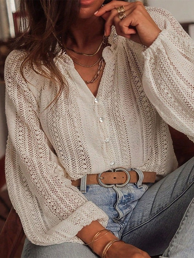 Women's Shirt Dressy Tops Hollow Out Buttons Plain Elegant